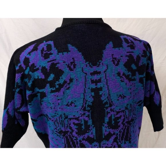 Leslie Fay Medium Black Purple Floral Aztec Tapered Body 3/4 Sleeves Sweater - Picture 7 of 14